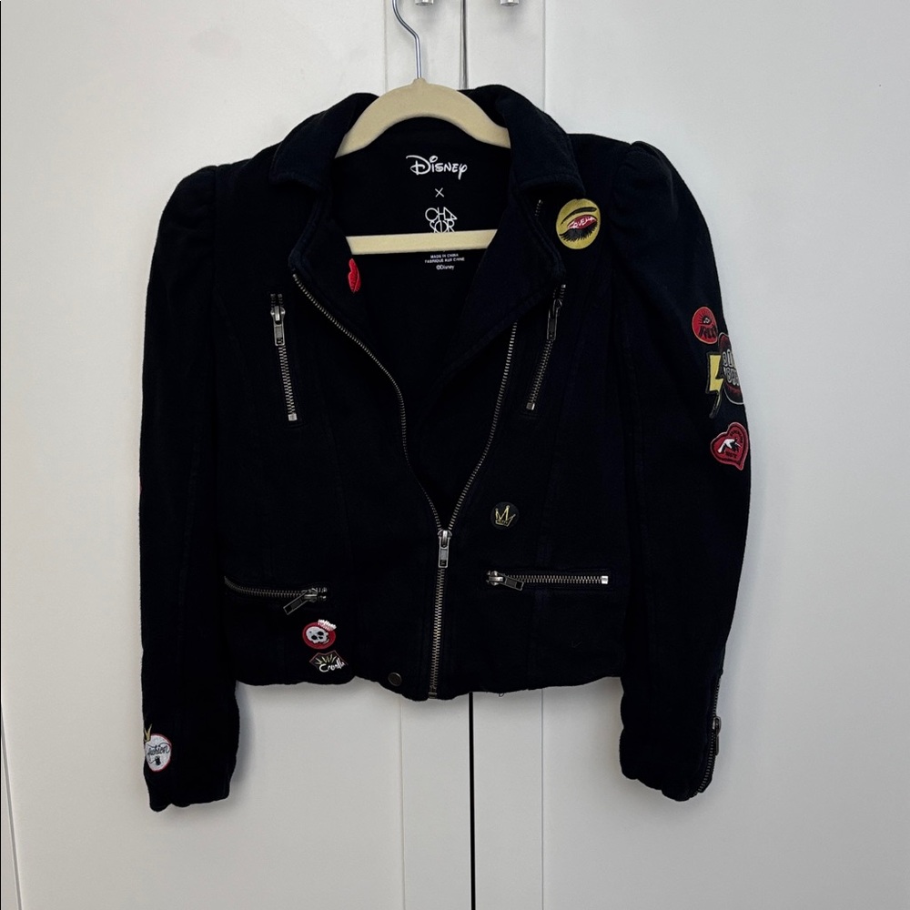 Disney x Chasor Girls' Black Motorcycle style Jacket with Fun Patches size 7